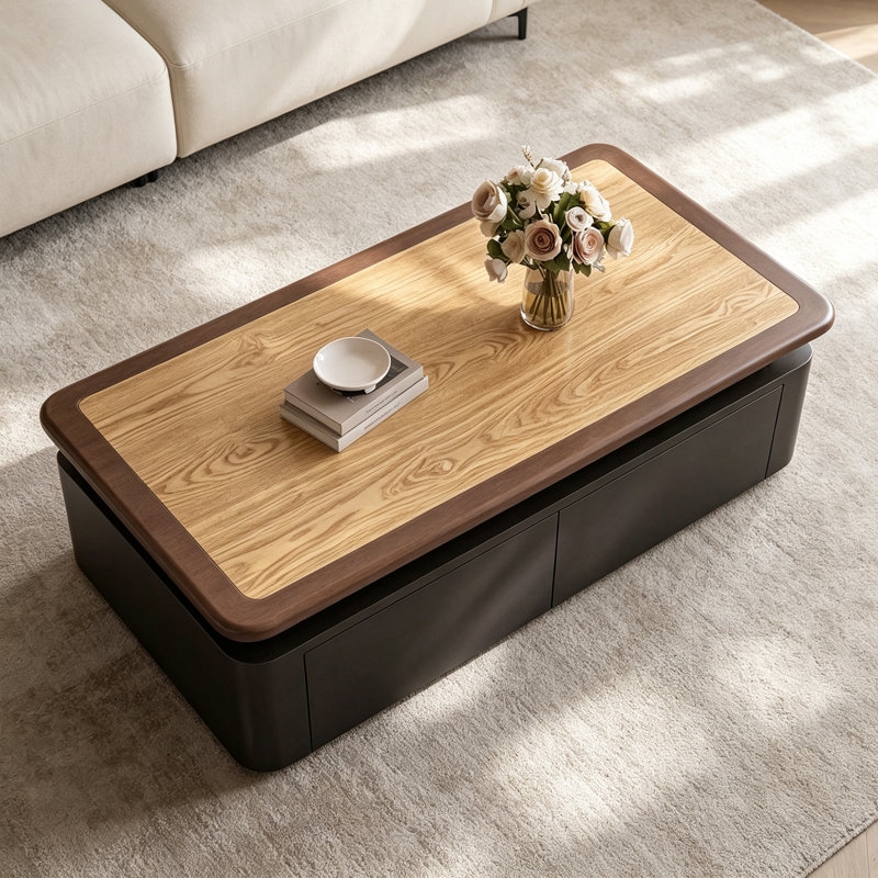 Table basse rétro française, H 17,71 po x l 51,18 po x P 27,55 po, Burlywood / noir