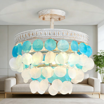 Plafonnier encastré Capiz avec coquillages naturels bleu-blanc Capiz, luminaire à 3 lumières pour la salle à manger, le salon, la structure en métal blanc, installation facile
