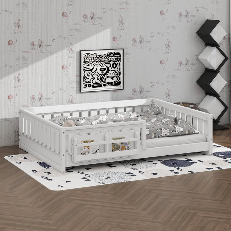 Lit plateforme en bois avec garde-corps et tablettes de rangement, Lit double, Blanc