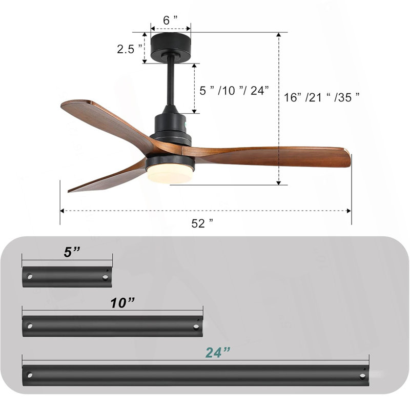 Ventilateur de plafond intelligent de 52 pouces avec mémoire à DEL à intensité variable à trois couleurs de 18 W et 3 pales au fini noyer et moteur à courant continu