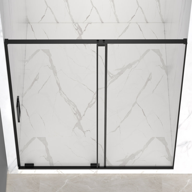 Porte de douche coulissante semi-sans cadre l 56 à 60 po x H 72 po, verre trempé transparent SCGG 5/16 po (8 mm), finition noir mat, largeur de coupe réglable de 4 po