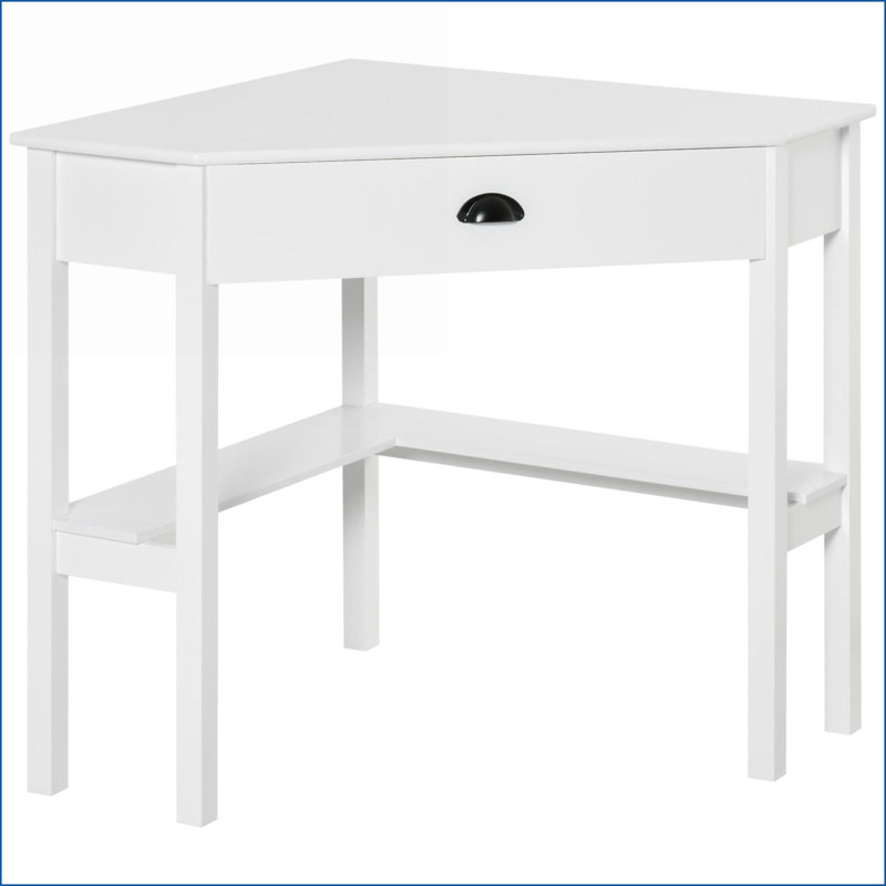 Bureaux, bureau d'angle compact avec tiroir & amp; Tablettes pour petits espaces, poste de travail de bureau à domicile | Blanc | Panneau de fibres à densité moyenne P2