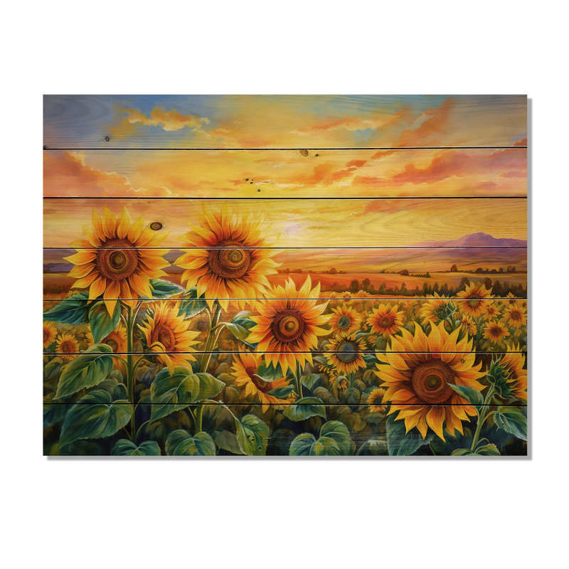 Tournesols brûlants au coucher du soleil - Tournesols, art sur bois de pin naturel, H 30 po x l 40 po