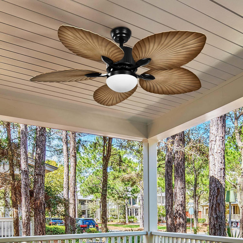 Tropical Ceiling Fan With LED Light And Remote, 52 Inch Outdoor Palm Leaf Fan For Patio With Memory Function, 5 Leaf Blades, Reversible DC Quiet Motor, For Porch, Farmhouse, Indoor
