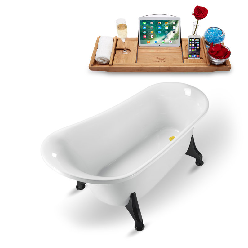 Baignoire de trempage sur pieds 59 "avec drain, pattes et plateau en bambou 59" Streamline, Noir mat, Or poli
