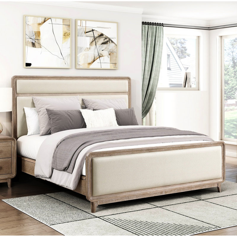 Grand lit, revêtement en chenille beige, finition naturelle, élégance moderne, cadre de lit en bois, tête de lit et sommier tapissier requis, nécessaire