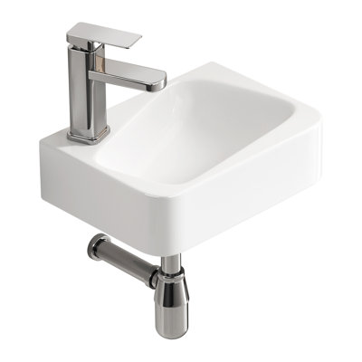 Topcraft 14" X 10" White Rectangular Wall-Mount Bathroom Ceramic Sink With Faucet And Drain Assembly - Left Side