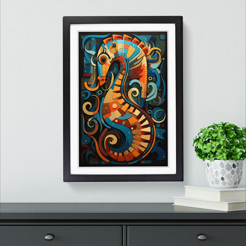 Seahorse Constructivism - Single Picture Frame Print on Wood, Black, 34cm H x 25cm W x 2cm D