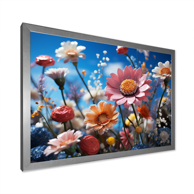 «Atzel Whimsical Wildflowers in Blue Sky», reproduction, H 34 po x l 44 po x P 1,5 po, Cadre simple argenté