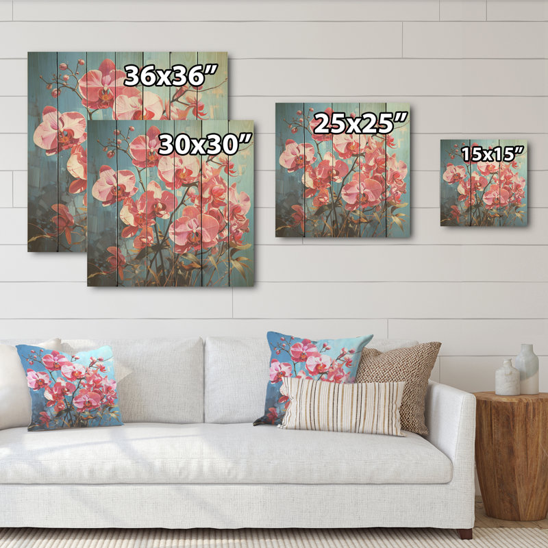 Orchidées néon rose - Art sur bois de pin naturel, H 36 po x l 36 po