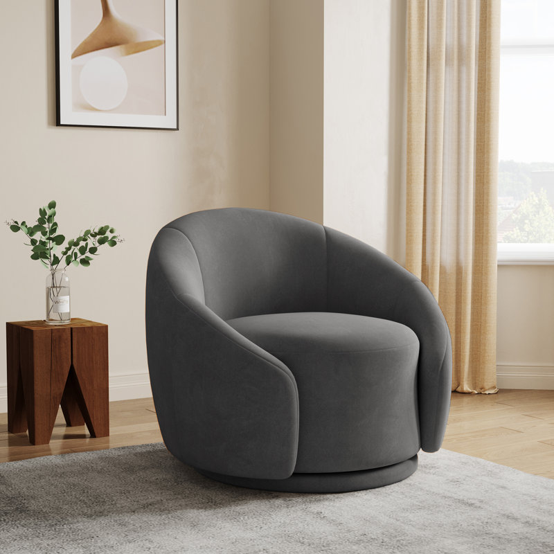 Fauteuil demi-tonneau pivotant rembourré Aunna, Velours gris velours