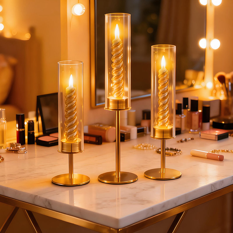 Ensemble de 3 porte-bougies Hurricane, chandelier conique doré avec manchons en verre, centre de table de mariage