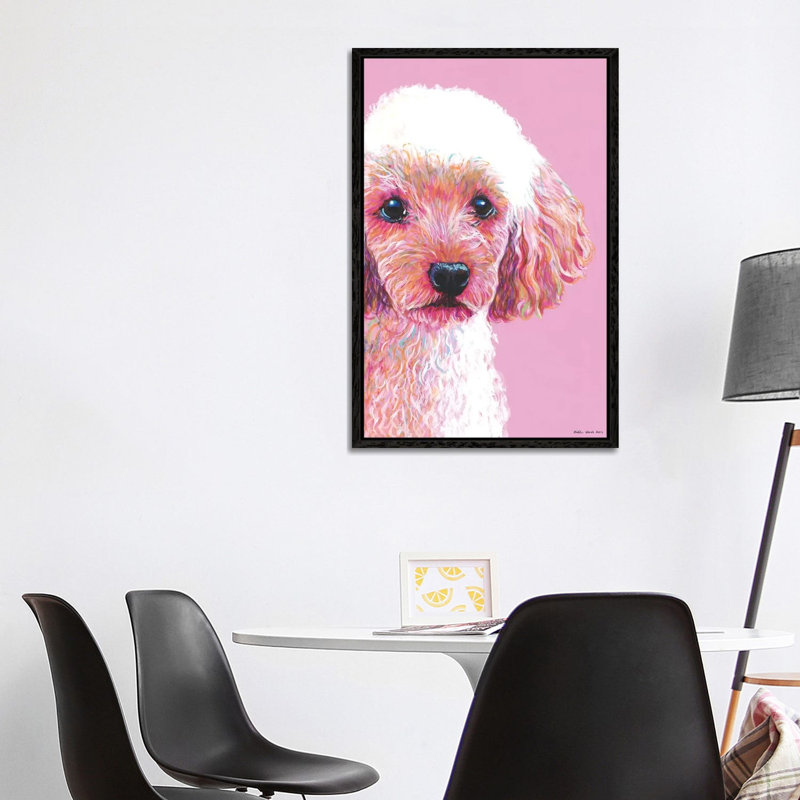 Poodle On Pink by Kirstin Wood - Painting on Canvas, 101.6 cm H x 66.04 cm W, Black Framed
