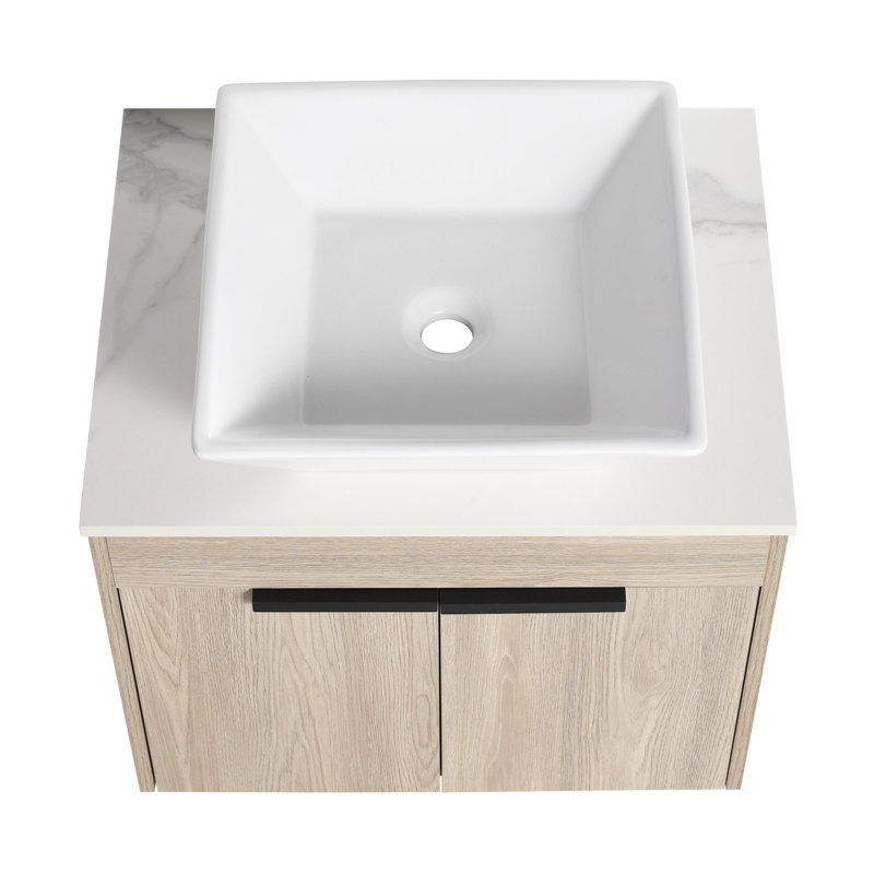 Meuble-lavabo mural 36 po avec lavabo en céramique et tablettes latérales