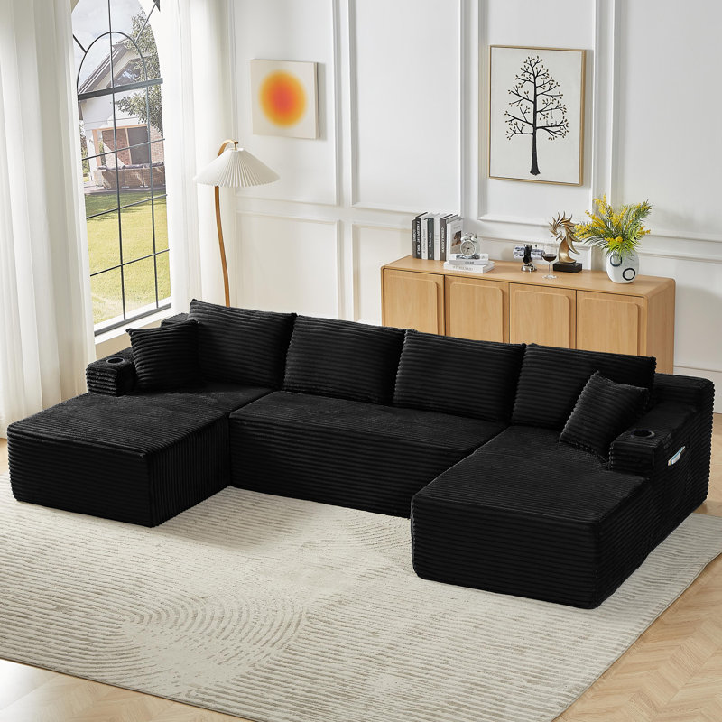Canapé modulaire compressible en forme de U de 133,5 po avec porte-gobelet et poche latérale - aucun assemblage requis, Noir