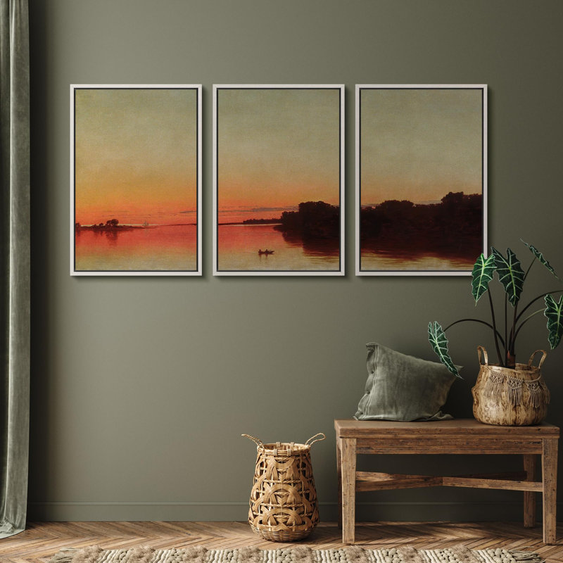 " Sunset Reflections Serene River Nature Landscape Illustrations Modern Art Decor Rustic " 3 - Pieces on, Blanc