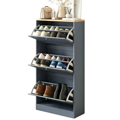 Armoire à chaussures bleue moderne avec 3 tiroirs inclinables et tablettes réglables, peut contenir 12 à 18 paires, 3 tiroirs rabattables, bleu