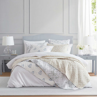Martha Stewart Layered Branches Cotton Reversible Beige Quilt Set