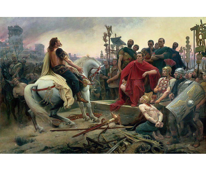 "Vercingetorix jette ses bras aux pieds de Jules César" par Lionel Royer, reproduction d'art sur toile tendue