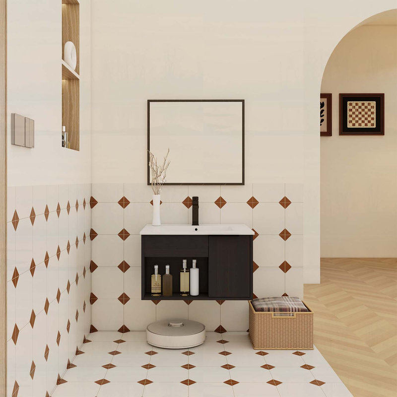 Floating Bathroom Vanity with Ceramic Sink,Open Shelf and Soft-Close Door,Space-Saving Design