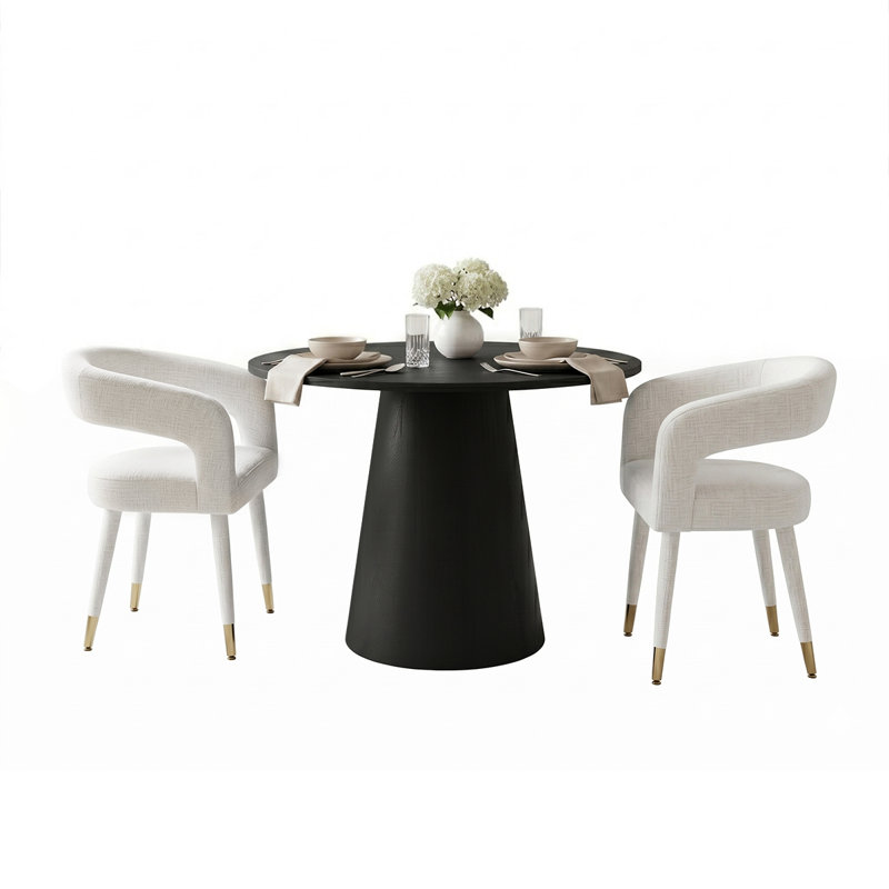Modern 35" Black Round Dining Set For 2 With Chenille Arm Dining Chairs, Beige