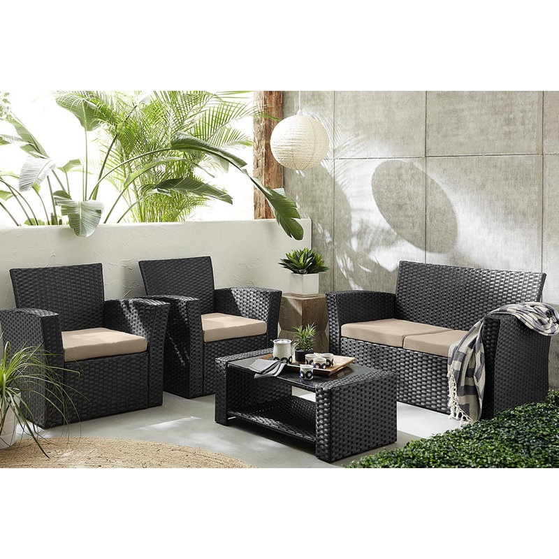 Ensemble de conversation en osier / rotin pour 4 personnes avec coussins Delano, Beige performance, Noir