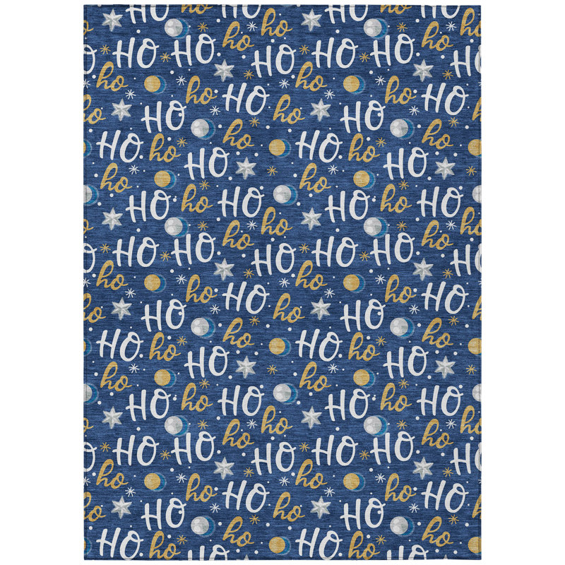 Machine Washable Indoor/Outdoor Snowflake Ho Ho Ho Xhevrie Navy Rug, Rectangle 10' x 14'