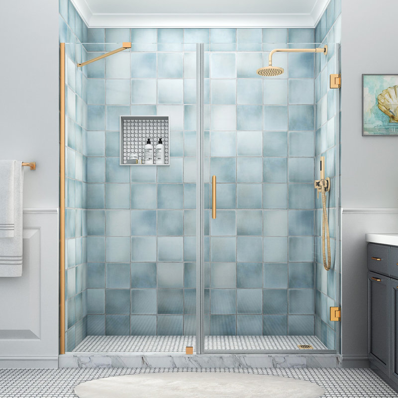 Porte de douche à charnière sans cadre avec verre ultra-lumineux l 73,25 po x H 80 po Belmore XL, Or brossé