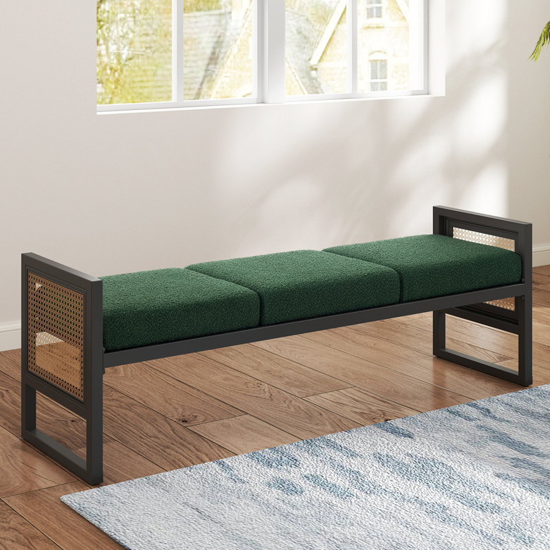 Banc rembourré 56,7 po avec accoudoirs décoratifs en rotin PE Boucle, Vert foncé