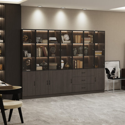 Modern Aluminum Frame Bookcase Set With Tempered Glass Doors, 3-Colour LED Lighting, And Storage Drawers