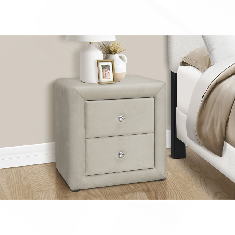 Table de chevet, table de chevet, bout, côté, lampe, tiroir de rangement, chambre à coucher, velours rembourré, transitionnel