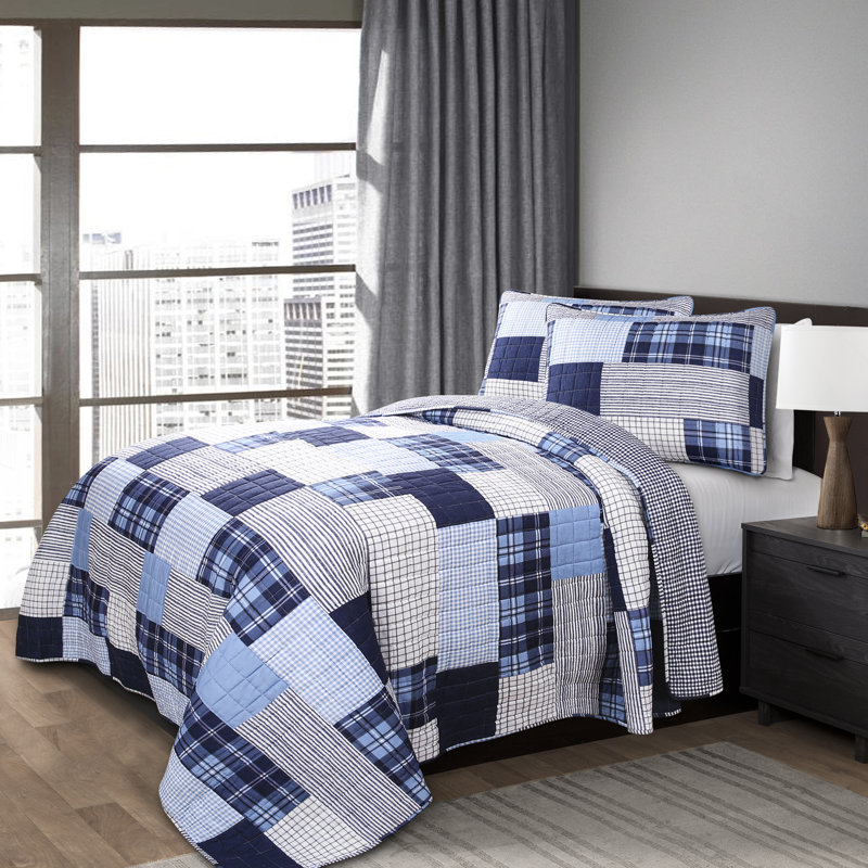 Ensemble de courtepointe réversible en coton Greenville, Bleu marine, Courtepointe double / grand et 2 taies décorative