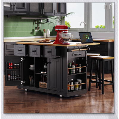 53-Inch Large Kitchen Island with Drop Leaf, Power Outlet, and Ample Storage for Modern Kitchens