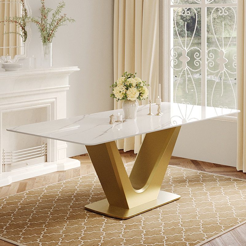 Table de salle à manger rectangulaire de luxe 71 po - Plateau en faux marbre avec base en acier au carbone en forme de V doré, table de cuisine contemporaine pour salle à manger
