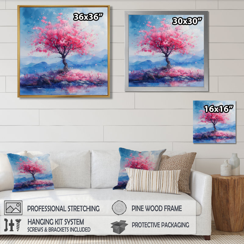 Fleur de cerisier rose et bleu, Toile encadrée noire simple, H 16 po x l 16 po x P 1 po