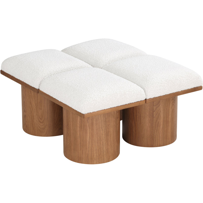 Banc rembourré Horatia, Tissu crème bouclé, Noyer brun, H 17,5 po x l 31 po x P 36 po