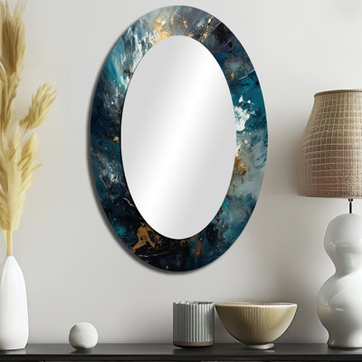 Encre liquide bleue et dorée Transcendent II - Miroir décoratif abstrait ovale sur métal