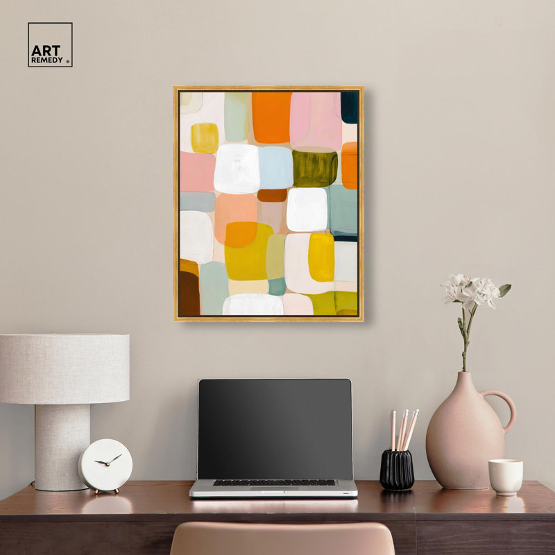 "Pixel Patchwork I", impression murale sur toile par Art Remedy, cadre doré, 20 x 24, H 25 po x l 21 po, Encadrement doré