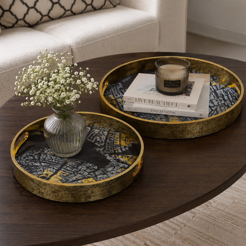 Plateau rond Archy, ensemble de 2, motifs abstraits, polyuréthane noir-or