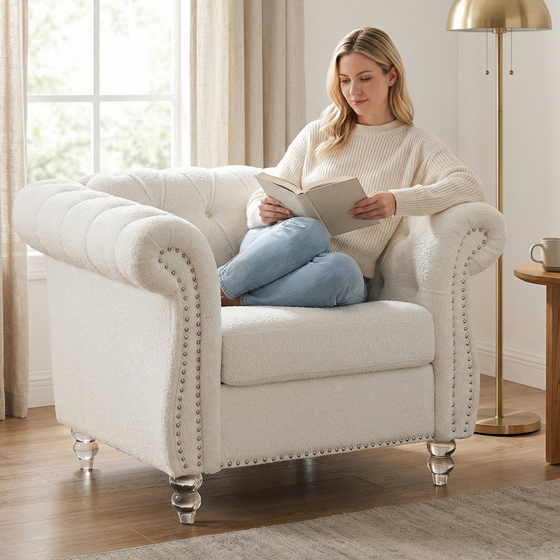 Fauteuil Chesterfield capitonné avec assise profonde et accoudoirs recourbés - Fauteuil club d'appoint en velours douillet
