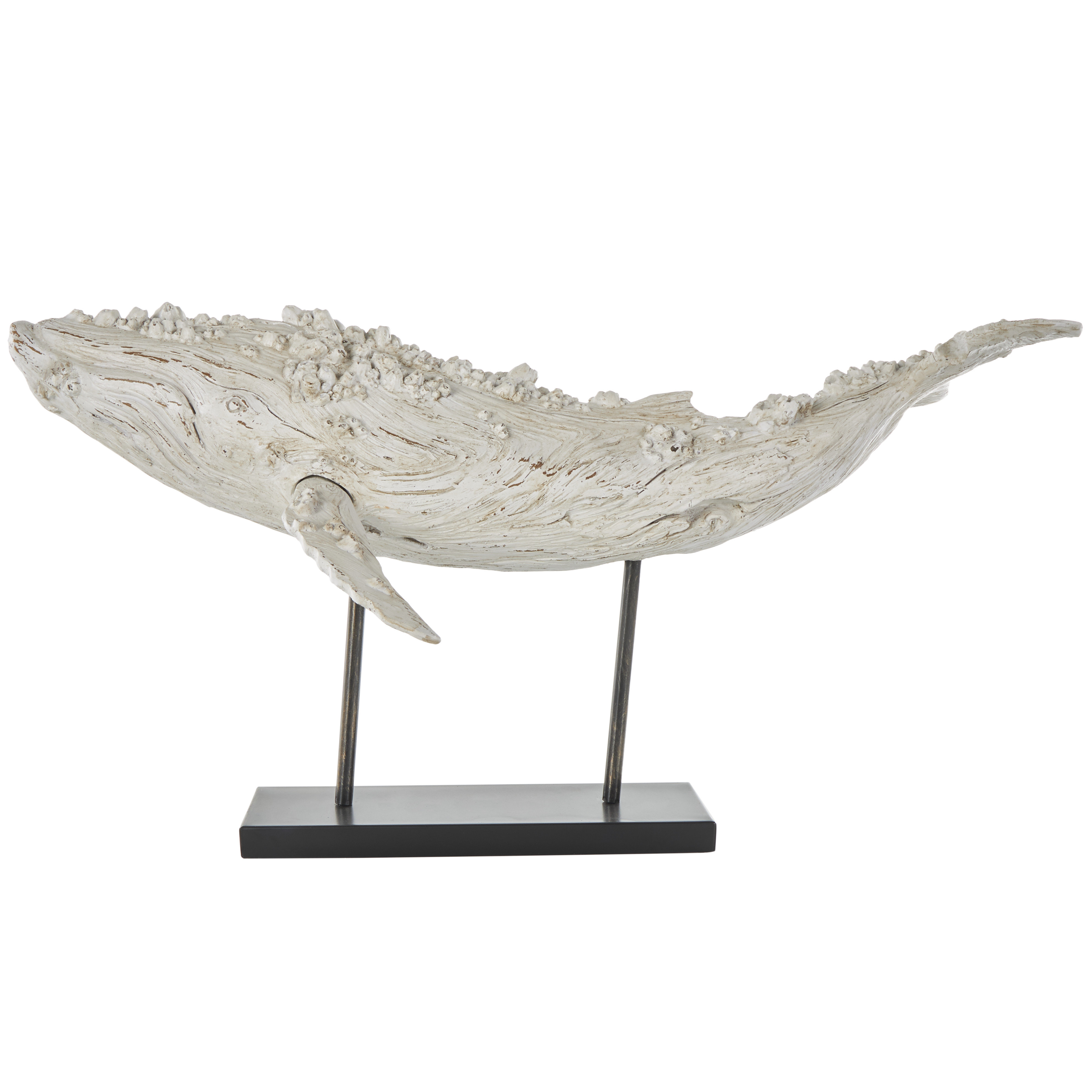 Dovecove Angilia Polystone Textured Whale Decorative Cream Sculpture with Brown Distressing and Black Metal Stand | Wayfair