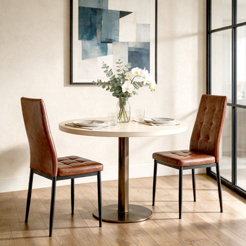 Brown Faux Leather High-Back Side Chairs, Dining Chairs With Black Metal Legs , 2