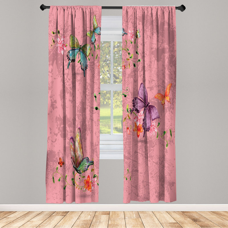 Microfiber Floral Semi-Sheer Rod Pocket Curtain Panels, 28" W x 84" L, Coral/Violet