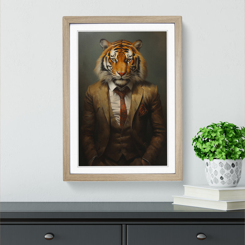 Tiger In A Suit Painting No.2 - Single Picture Frame Print on Wood, 64cm H x 46cm W x 2cm D, Oak