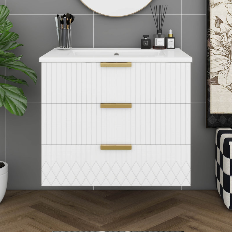 Meuble-lavabo 24 po avec lavabo, meuble-lavabo flottant avec trou de robinet simple, 2 tiroirs à fermeture en douceur, armoire murale