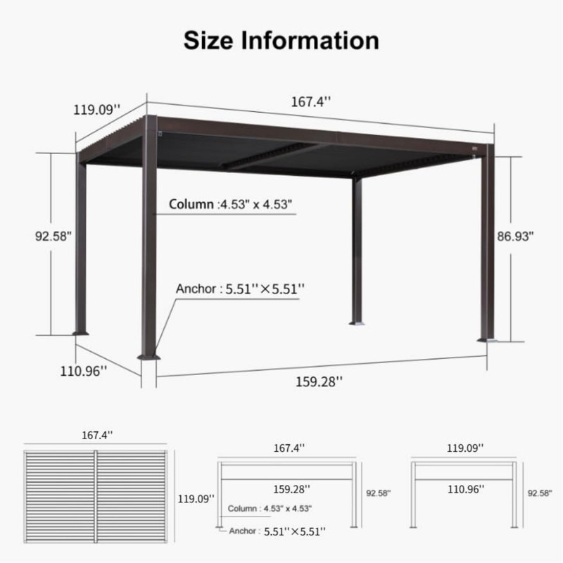 Purple Leaf Bronze Aluminum Louvered Pergola with Lights, 92.58" H x 167.48" W x 118.74" D