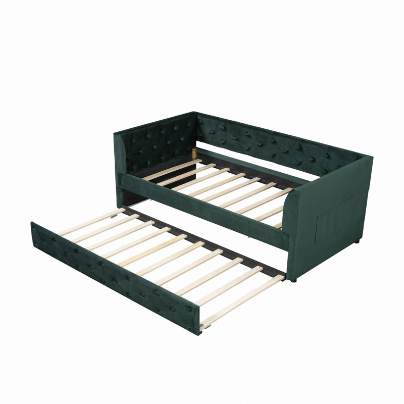 Lit de jour rembourré en velours capitonné avec couchette, Vert