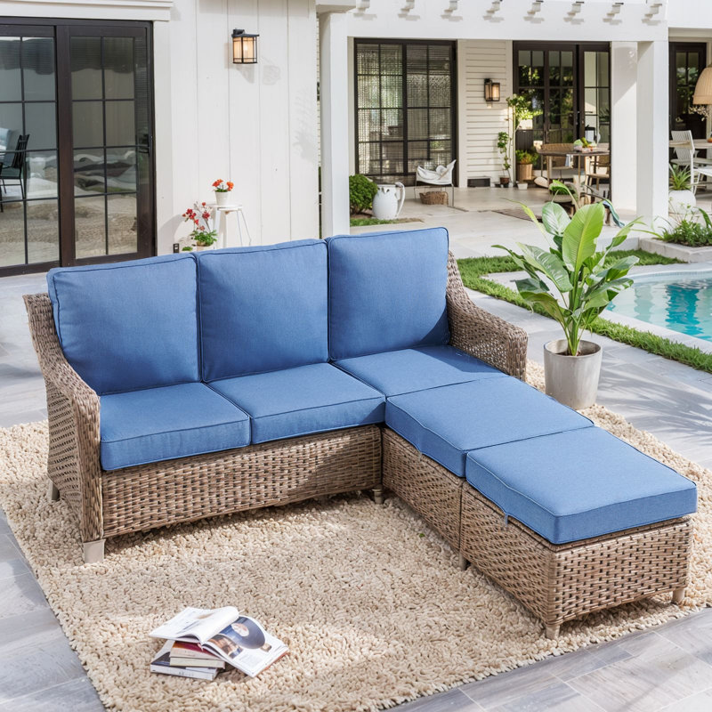 Jenesys Outdoor Wicker Sofa Set With Ottomans - Comfortable, Durable For Patios & Gardens, Blue