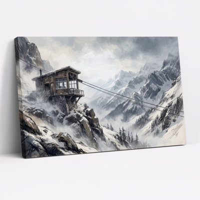 Art mural sur toile, "Snowy Mountain Cabin on Rocky Cliff"