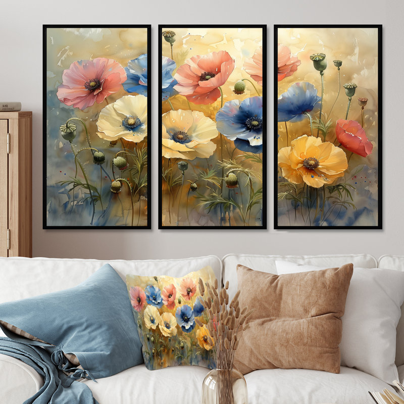 Ensemble de salon Stowmarket - Poppies Wall Art, Toile avec cadre flottant noir, H 40 po x l 60 po x P 1 po